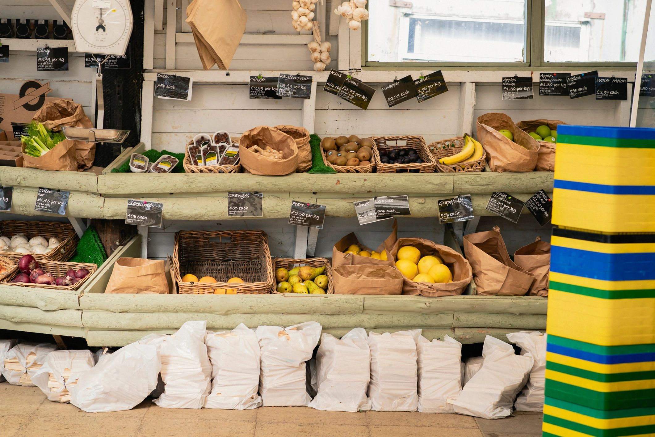 Fruit baskets at a pick-your-own farm stand