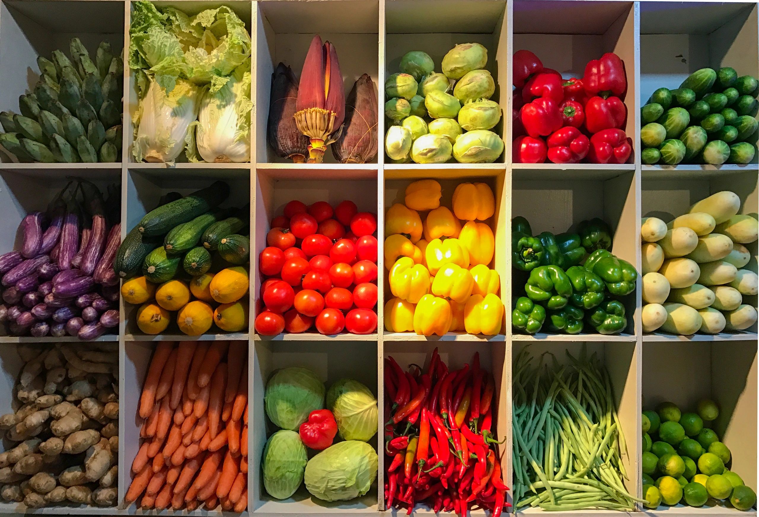 Shelf full of colorful vegetables