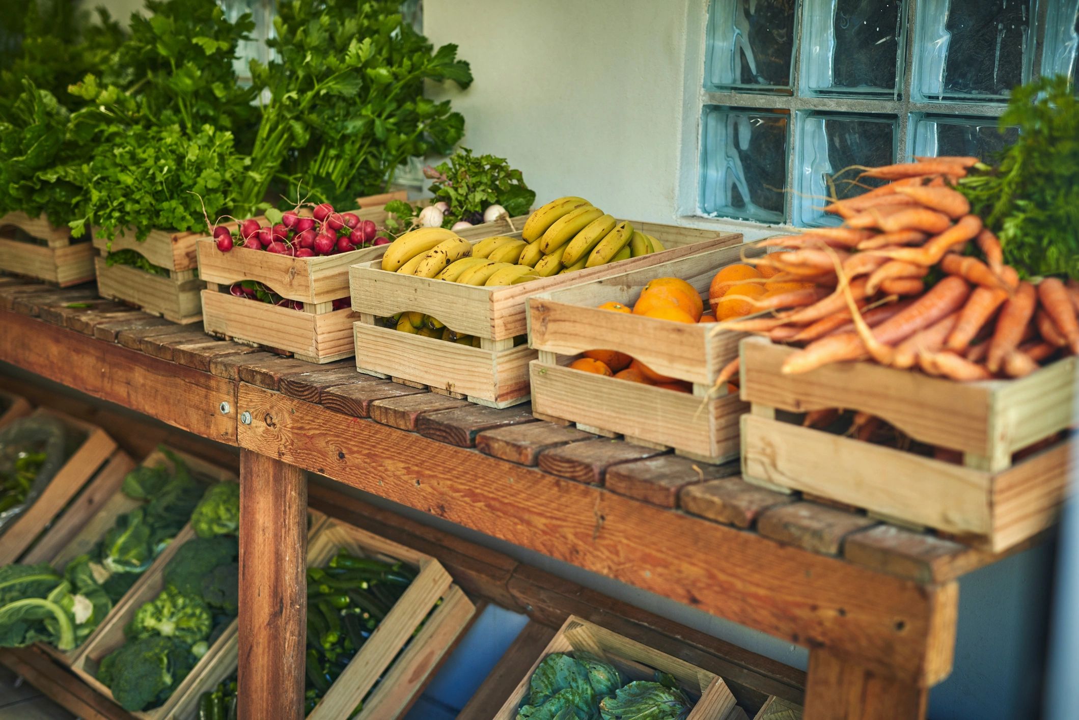 Crate of freshly picked produce at a market
